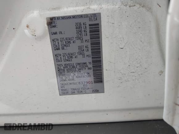 ✅ 2014 Nissan Rogue SV • VIN: 5N1AT2MT6EC837901 • Lot: 42878596. Listed on IAAI with 155,326 mi. Free auction sales archive from the USA and detailed vehicle history report at DreamBid. Image 9.