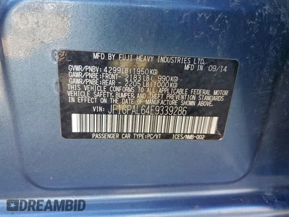 ✅ 2014 Subaru Impreza Special Sports Premium • VIN: JF1GPAL64E9339286 • Lot: 93888705. Listed on Copart with 110,956 mi. Free auction sales archive from the USA and detailed vehicle history report at DreamBid. Image 12.