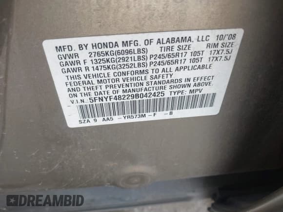 ✅ 2009 Honda Pilot LX • VIN: 5FNYF48229B042425 • Lot: 41107002. Wystawiony na IAAI z przebiegiem 248 006 mil. Bezpłatny archiwum sprzedaży aukcyjnych z USA i szczegółowy raport historii pojazdu na DreamBid. Zdjęcie 9.
