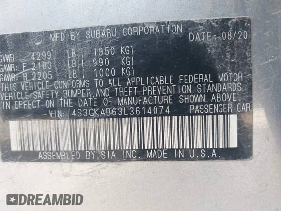 2020 Subaru Impreza с VIN 4S3GKAB63L3614074, выставлен на аукционе IAAI как лот 43251622 с пробегом 93 867 миль миль и . История ставок и продаж доступна на DreamBid. Изображение 9.