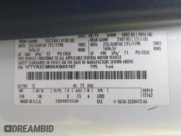 ✅ 2019 Ford Transit • VIN: 1FTYR2CM0KKB65167 • Lot: 43689679. Wystawiony na IAAI z przebiegiem 134 683 mil. Bezpłatny archiwum sprzedaży aukcyjnych z USA i szczegółowy raport historii pojazdu na DreamBid. Zdjęcie 9.