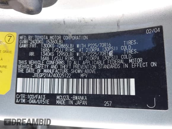 ✅ 2004 Toyota Highlander • VIN: JTEGP21A740025122 • Lot: 43899566. Wystawiony na IAAI z przebiegiem 291 788 mil. Bezpłatny archiwum sprzedaży aukcyjnych z USA i szczegółowy raport historii pojazdu na DreamBid. Zdjęcie 9.