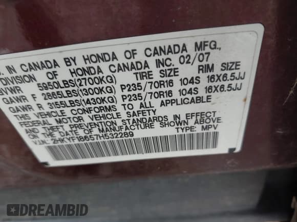 ✅ 2007 Honda Pilot EX-L • VIN: 2HKYF18657H532289 • Лот: 42810864. Опубликован ранее на IAAI с пробегом 252 201 миль. Бесплатный доступ к архиву аукционных продаж из США и подробный отчёт об истории автомобиля на DreamBid. Изображение 9.