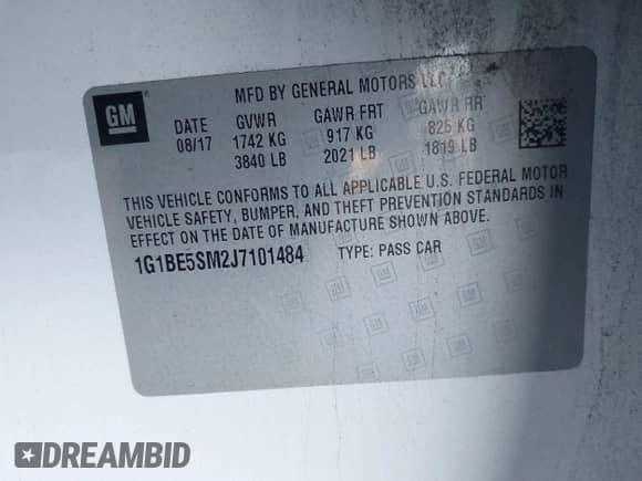 2018 Chevrolet Cruze LT with VIN 1G1BE5SM2J7101484, listed as a IAAI auction lot 43518652 with 72,023 mi miles and . Bid and sale history available at DreamBid. Image 9.