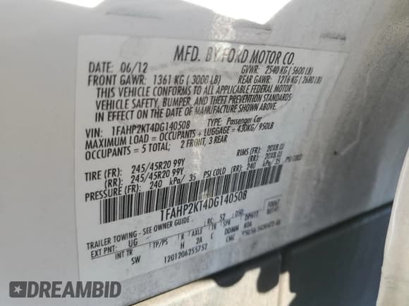 ✅ 2013 Ford Taurus SHO • VIN: 1FAHP2KT4DG140508 • Lot: 82628395. Listed on Copart with 148,897 mi. Free auction sales archive from the USA and detailed vehicle history report at DreamBid. Image 12.