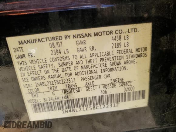 ✅ 2008 Nissan Altima SL • VIN: 1N4BL21E58C122312 • Лот: 82115355. Опубликован ранее на Copart с пробегом 221 388 миль. Бесплатный доступ к архиву аукционных продаж из США и подробный отчёт об истории автомобиля на DreamBid. Изображение 12.