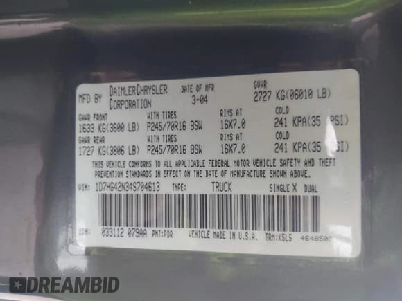 ✅ 2004 Dodge Dakota SLT • VIN: 1D7HG42N34S704613 • Lot: 43436598. Listed on IAAI with 124,371 mi. Free auction sales archive from the USA and detailed vehicle history report at DreamBid. Image 9.