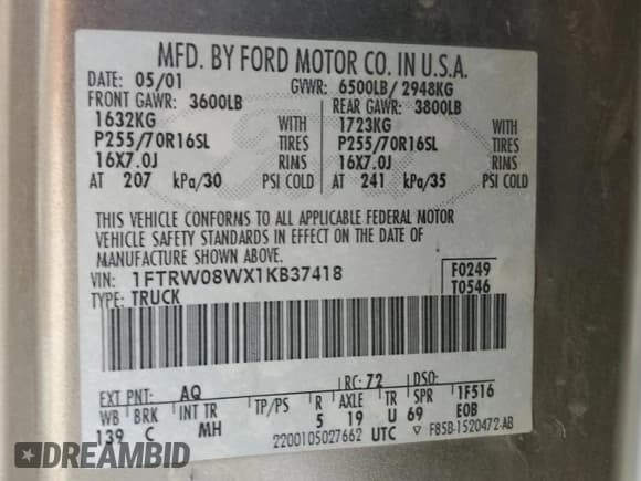 ✅ 2001 Ford F-150 XLT • VIN: 1FTRW08WX1KB37418 • Лот: 60573435. Опубликован ранее на Copart с пробегом 135 131 миль. Бесплатный доступ к архиву аукционных продаж из США и подробный отчёт об истории автомобиля на DreamBid. Изображение 13.