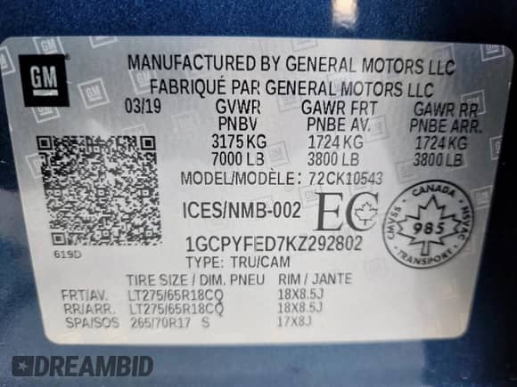 2019 Chevrolet Silverado 1500 LT Trail Boss с VIN 1GCPYFED7KZ292802, выставлен на аукционе Copart как лот 91062585 с пробегом 57 170 миль миль и Чистый • Clean title. История ставок и продаж доступна на DreamBid. Изображение 12.