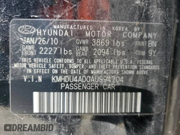 2010 Hyundai Elantra GLS z VIN KMHDU4AD0AU994704, wystawiony jako Copart lot #72413114 z przebiegiem 199 905 mil mil oraz Szkoda całkowita • Salvage title. Historia ofert i sprzedaży dostępna na DreamBid. Obrazek 12.
