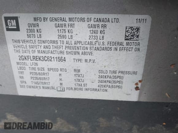 ✅ 2012 GMC Terrain SLE-1 • VIN: 2GKFLREK3C6211564 • Lot: 43847623. Listed on IAAI with 167,290 mi. Free auction sales archive from the USA and detailed vehicle history report at DreamBid. Image 9.