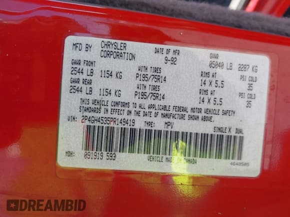 ✅ 1993 Plymouth Voyager • VIN: 2P4GH4535PR149419 • Lot: 42604009. Listed on IAAI with 88,569 mi. Free auction sales archive from the USA and detailed vehicle history report at DreamBid. Image 9.