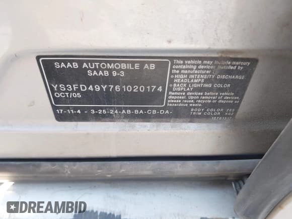 ✅ 2006 Saab 9-3 • VIN: YS3FD49Y761020174 • Лот: 42491465. Опубликован ранее на IAAI с пробегом 154 798 миль. Бесплатный доступ к архиву аукционных продаж из США и подробный отчёт об истории автомобиля на DreamBid. Изображение 9.