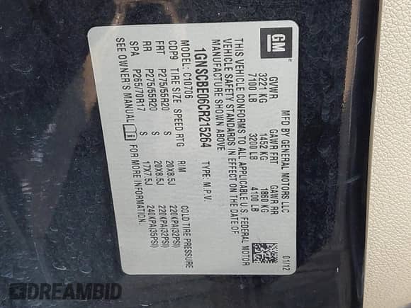 2012 Chevrolet Tahoe LT z VIN 1GNSCBE06CR215264, wystawiony jako IAAI lot #43274793 z przebiegiem 245 873 mil mil oraz . Historia ofert i sprzedaży dostępna na DreamBid. Obrazek 9.