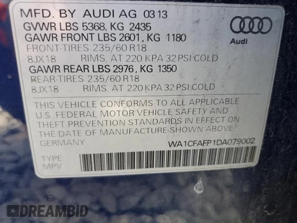 ✅ 2013 Audi Q5 Premium • VIN: WA1CFAFP1DA079002 • Lot: 81329235. Listed on Copart with 117,029 mi. Free auction sales archive from the USA and detailed vehicle history report at DreamBid. Image 13.