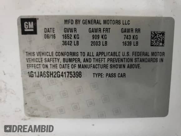 ✅ 2016 Chevrolet Sonic LS • VIN: 1G1JA6SH2G4175398 • Лот: 67188974. Размещён на Copart с пробегом 127 960 миль миль. Получите бесплатный доступ к архиву аукционных продаж из США и посмотрите подробный отчёт об истории автомобиля на DreamBid. Изображение 13.