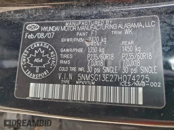 ✅ 2007 Hyundai Santa Fe GL 5Pass • VIN: 5NMSG13E27H074225 • Lot: 94117395. Listed on Copart with 258,710 mi. Free auction sales archive from the USA and detailed vehicle history report at DreamBid. Image 13.