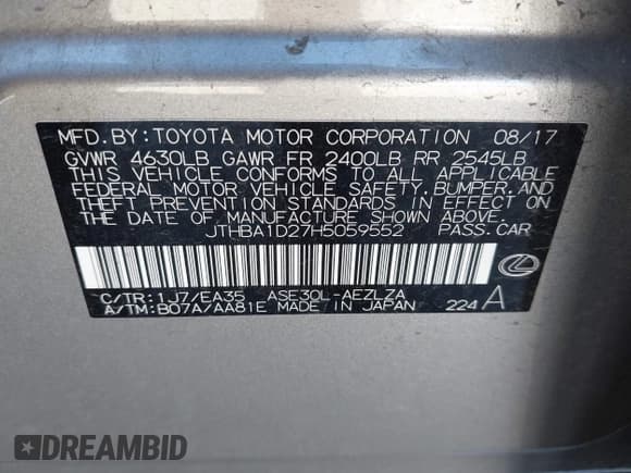 ✅ 2017 Lexus IS 200t • VIN: JTHBA1D27H5059552 • Lot: 41376033. Listed on IAAI with 64,253 mi. Free auction sales archive from the USA and detailed vehicle history report at DreamBid. Image 9.