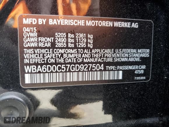 ✅ 2016 BMW 6 Series 640i • VIN: WBA6D0C57GD927504 • Lot: 50696515. Listed on Copart with 127,192 mi. Free auction sales archive from the USA and detailed vehicle history report at DreamBid. Image 14.