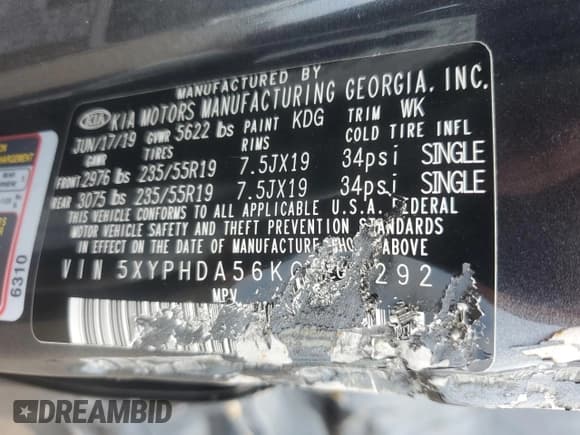 ✅ 2019 Kia Sorento EX Sport • VIN: 5XYPHDA56KG609292 • Лот: 66949065. Опубликован ранее на Copart с пробегом Не указан. Бесплатный доступ к архиву аукционных продаж из США и подробный отчёт об истории автомобиля на DreamBid. Изображение 12.