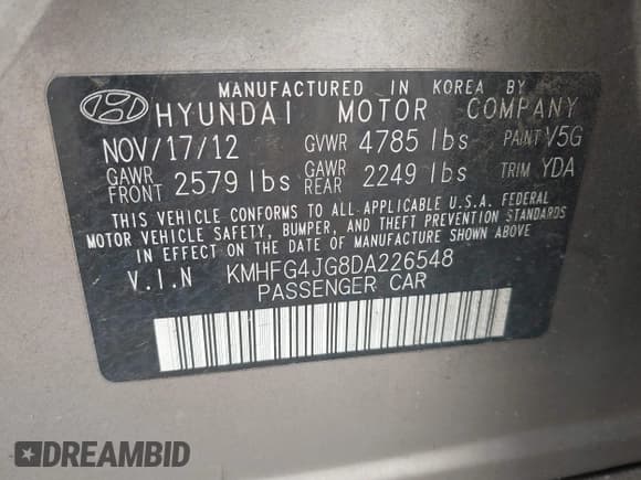 ✅ 2013 Hyundai Azera • VIN: KMHFG4JG8DA226548 • Лот: 43113795. Опубликован ранее на IAAI с пробегом 144 964 миль. Бесплатный доступ к архиву аукционных продаж из США и подробный отчёт об истории автомобиля на DreamBid. Изображение 9.