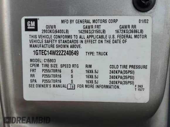 2002 GMC Sierra 1500 with VIN 1GTEC14W22Z240649, listed as a Copart auction lot 42958365 with 105,857 mi miles and Salvage title. Bid and sale history available at DreamBid. Image 12.