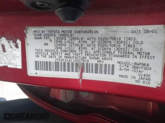 2001 Toyota Highlander с VIN JTEGF21A110027818, выставлен на аукционе IAAI как лот 42433308 с пробегом 223 652 миль миль и . История ставок и продаж доступна на DreamBid. Изображение 9.