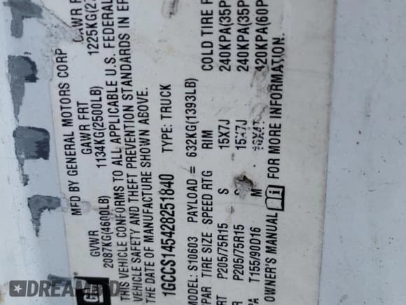 ✅ 2002 Chevrolet S-10 Fleet • VIN: 1GCCS145428251840 • Лот: 78247094. Опубликован ранее на Copart с пробегом 160 517 миль. Бесплатный доступ к архиву аукционных продаж из США и подробный отчёт об истории автомобиля на DreamBid. Изображение 13.