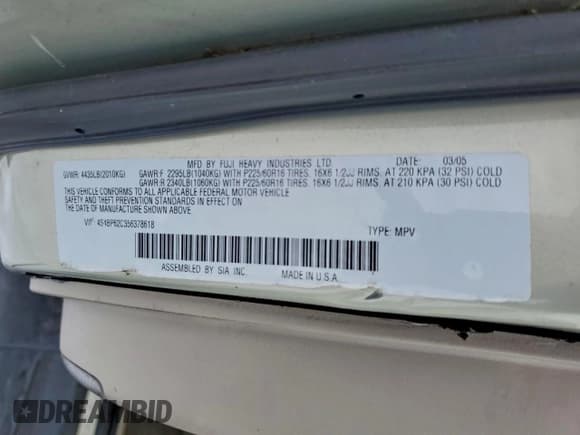 ✅ 2005 Subaru Outback Limited • VIN: 4S4BP62C356378618 • Lot: 94670165. Listed on Copart with 149,467 mi. Free auction sales archive from the USA and detailed vehicle history report at DreamBid. Image 12.