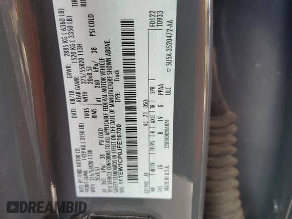 2018 Ford F-150 XL with VIN 1FTEW1CP0JFE16700, listed as a Copart auction lot 81830355 with 69,898 mi miles and Salvage title. Bid and sale history available at DreamBid. Image 12.