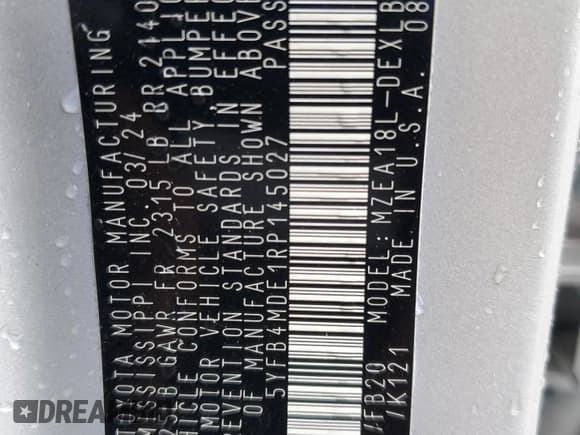 ✅ 2024 Toyota Corolla LE • VIN: 5YFB4MDE1RP145027 • Lot: 86228135. Listed on Copart with Not provided. Free auction sales archive from the USA and detailed vehicle history report at DreamBid. Image 12.