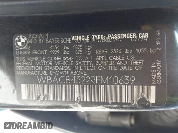 ✅ 1994 BMW 3 Series 325i • VIN: WBACB4322RFM10639 • Лот: 42669240. Опубликован ранее на IAAI с пробегом 166 414 миль. Бесплатный доступ к архиву аукционных продаж из США и подробный отчёт об истории автомобиля на DreamBid. Изображение 9.