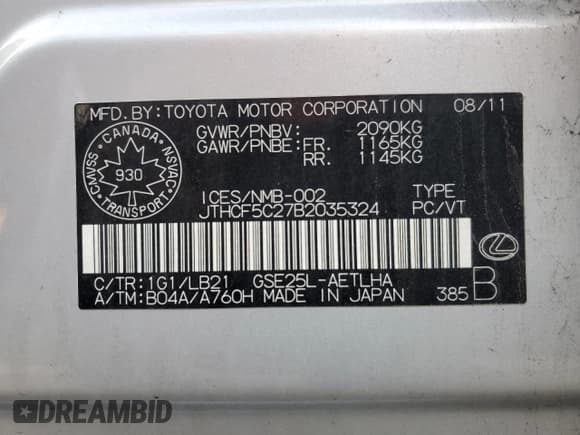 ✅ 2011 Lexus IS 250 • VIN: JTHCF5C27B2035324 • Lot: 87098485. Listed on Copart with 227,972 mi. Free auction sales archive from the USA and detailed vehicle history report at DreamBid. Image 12.