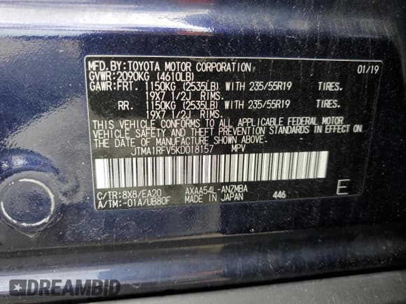 ✅ 2019 Toyota RAV4 XLE Premium • VIN: JTMA1RFV5KD018157 • Lot: 65175155. Wystawiony na Copart z przebiegiem 145 472 mil. Bezpłatny archiwum sprzedaży aukcyjnych z USA i szczegółowy raport historii pojazdu na DreamBid. Zdjęcie 13.