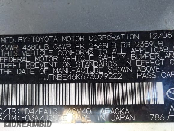 ✅ 2007 Toyota Camry LE • VIN: JTNBE46K673079222 • Lot: 43642364. Wystawiony na IAAI z przebiegiem 197 864 mil. Bezpłatny archiwum sprzedaży aukcyjnych z USA i szczegółowy raport historii pojazdu na DreamBid. Zdjęcie 9.