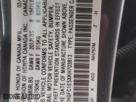 ✅ 2019 Honda Civic Si • VIN: 2HGFC1E5XKH703813 • Lot: 46313794. Listed on Copart with 33,112 mi. Free auction sales archive from the USA and detailed vehicle history report at DreamBid. Image 14.