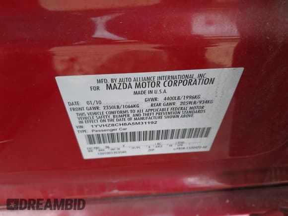 ✅ 2010 Mazda 6 i Touring • VIN: 1YVHZ8CH8A5M31192 • Lot: 43814878. Listed on IAAI with Not provided. Free auction sales archive from the USA and detailed vehicle history report at DreamBid. Image 9.