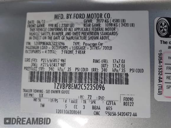 ✅ 2012 Ford Mustang Premium • VIN: 1ZVBP8EM2C5235096 • Lot: 43385320. Listed on IAAI with 110,439 mi. Free auction sales archive from the USA and detailed vehicle history report at DreamBid. Image 9.