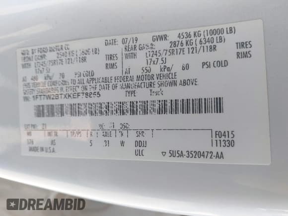 ✅ 2019 Ford F-250 XL • VIN: 1FT7W2BTXKEF78855 • Lot: 42893495. Listed on IAAI with 99,136 mi. Free auction sales archive from the USA and detailed vehicle history report at DreamBid. Image 9.