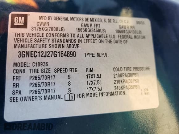 ✅ 2007 Chevrolet Avalanche LS • VIN: 3GNEC12J27G164890 • Lot: 90900135. Listed on Copart with 148,984 mi. Free auction sales archive from the USA and detailed vehicle history report at DreamBid. Image 12.