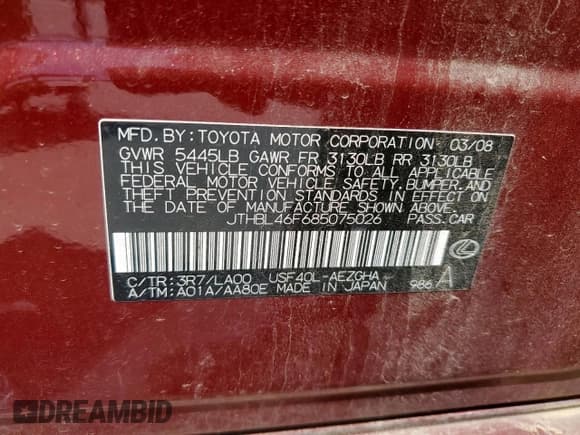 ✅ 2008 Lexus LS 460 • VIN: JTHBL46F685075026 • Lot: 52965165. Listed on Copart with 170,647 mi. Free auction sales archive from the USA and detailed vehicle history report at DreamBid. Image 12.