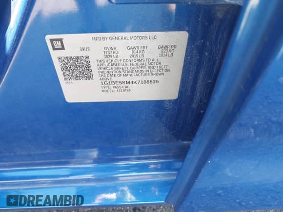 2019 Chevrolet Cruze LT with VIN 1G1BE5SM4K7108535, listed as a IAAI auction lot 43352905 with 102,584 mi miles and . Bid and sale history available at DreamBid. Image 9.