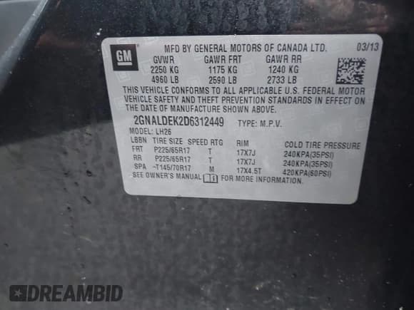 ✅ 2013 Chevrolet Equinox LT • VIN: 2GNALDEK2D6312449 • Лот: 42966056. Опубликован ранее на IAAI с пробегом Не указан. Бесплатный доступ к архиву аукционных продаж из США и подробный отчёт об истории автомобиля на DreamBid. Изображение 9.