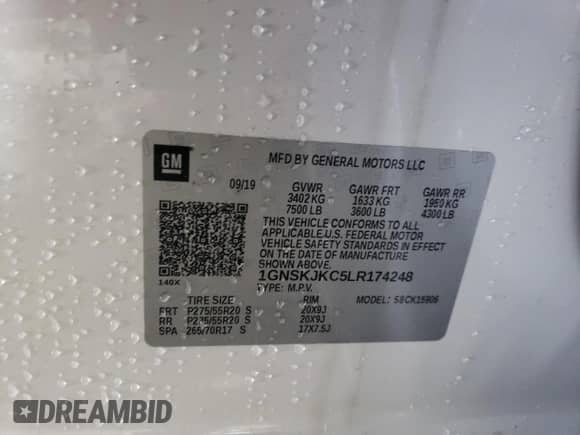 2020 Chevrolet Suburban Premier z VIN 1GNSKJKC5LR174248, wystawiony jako Copart lot #73365664 z przebiegiem 124 755 mil mil oraz Szkoda całkowita • Salvage title. Historia ofert i sprzedaży dostępna na DreamBid. Obrazek 13.