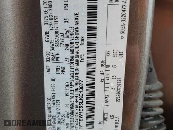 ✅ 2020 Ford F-150 XL • VIN: 1FTEW1E55LKE13877 • Лот: 93242325. Опубликован ранее на Copart с пробегом 93 146 миль. Бесплатный доступ к архиву аукционных продаж из США и подробный отчёт об истории автомобиля на DreamBid. Изображение 12.