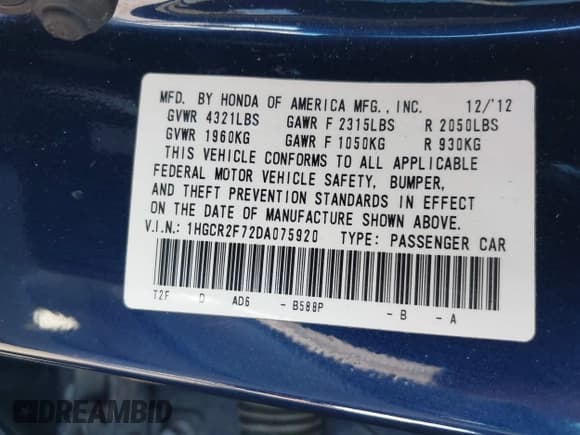 ✅ 2013 Honda Accord EX • VIN: 1HGCR2F72DA075920 • Lot: 43665799. Listed on IAAI with 165,244 mi. Free auction sales archive from the USA and detailed vehicle history report at DreamBid. Image 9.