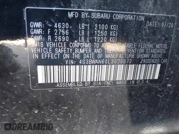 ✅ 2020 Subaru Legacy Limited • VIN: 4S3BWAN60L3030872 • Lot: 43467634. Listed on IAAI with 67,474 mi. Free auction sales archive from the USA and detailed vehicle history report at DreamBid. Image 9.