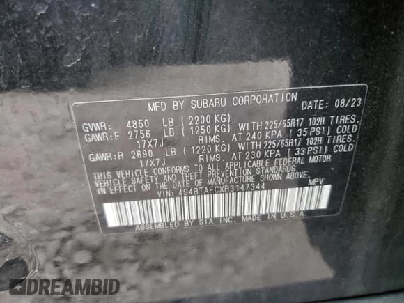 ✅ 2024 Subaru Outback Premium • VIN: 4S4BTAFCXR3147344 • Lot: 70220185. Listed on Copart with Not provided. Free auction sales archive from the USA and detailed vehicle history report at DreamBid. Image 13.