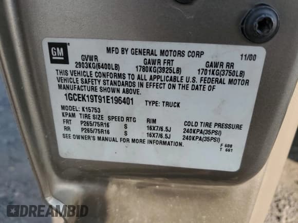 ✅ 2001 Chevrolet Silverado 1500 LT • VIN: 1GCEK19T91E196401 • Лот: 69059744. Опубликован ранее на Copart с пробегом 187 183 миль. Бесплатный доступ к архиву аукционных продаж из США и подробный отчёт об истории автомобиля на DreamBid. Изображение 12.