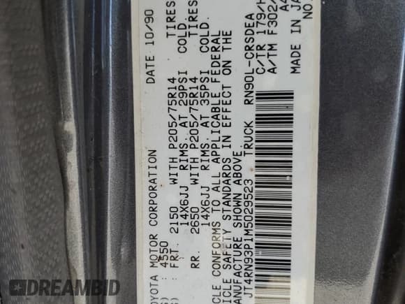 ✅ 1991 Toyota Pickup DLX • VIN: JT4RN93P1M5029523 • Лот: 65969175. Опубликован ранее на Copart с пробегом 149 034 миль. Бесплатный доступ к архиву аукционных продаж из США и подробный отчёт об истории автомобиля на DreamBid. Изображение 12.